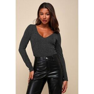 Lulus Clean Look Black And Silver Lurex V-neck Long Sleeve Bodysuit - Size M